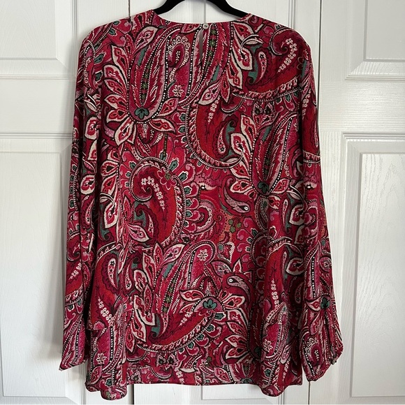 J Jill Blouse Womens L Red Paisley Long Sleeve Button Cuff Boho Floral Office - Picture 3 of 13